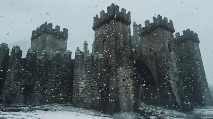 fictional ancient castle in snowy winter.