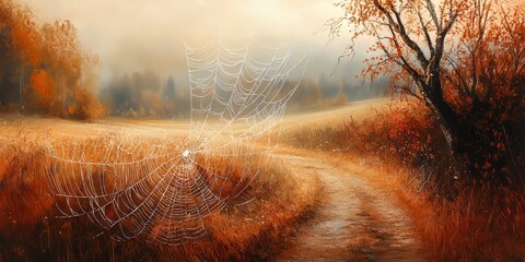 Intricate spider web strands elegantly stretch across a vibrant autumn field, showcasing the delicate beauty of nature s design within the serene landscape of the autumn field.