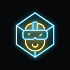 Poster - Neon glowing icon of a person wearing a vr headset inside a cube, representing the concept of the metaverse