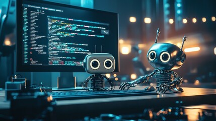 Two robots coding on computer.