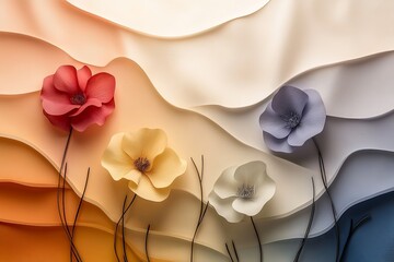 Poster - This image features simple flowers poised against a colorful backdrop of layered waves, blending subtle elegance with modern artistic expression.