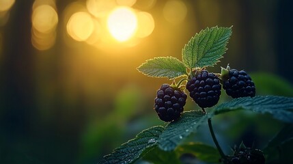 Wall Mural - Ripe blackberries on bush at sunset.