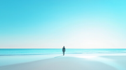 Wall Mural - person walks along serene beach shoreline under bright blue sky during peaceful afternoon
