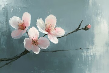 Aufkleber - Three delicate pink and white cherry blossoms on a thin branch set against a textured blue-green background, capturing the beauty of spring and nature's renewal.