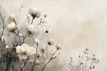 Poster - Elegant depiction of minimalistic wildflowers in soft neutral tones, highlighting the simplicity and beauty found in nature with a tranquil backdrop.