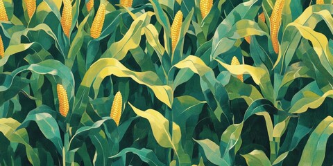 Canvas Print - A backdrop of corn leaves featuring vibrant, fresh corn plants thriving in a field during the warm summer season, showcasing the essence of agricultural life.