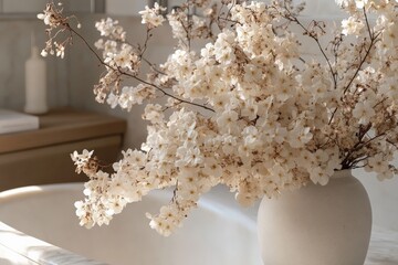 Leinwandbilder - A beautiful arrangement of delicate white flowers displayed in an elegantly crafted ceramic vase, capturing the beauty and simplicity of natural blooms in soft lighting.