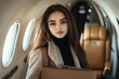 © ChaoticMind - A young woman with long dark hair and a stylish overcoat stands in the cabin of a private jet, exuding confidence and elegance during her journey.