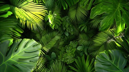 Poster - Lush Tropical Foliage with Vibrant Green Leaves and Exotic Palm Fronds in Lush Jungle Setting