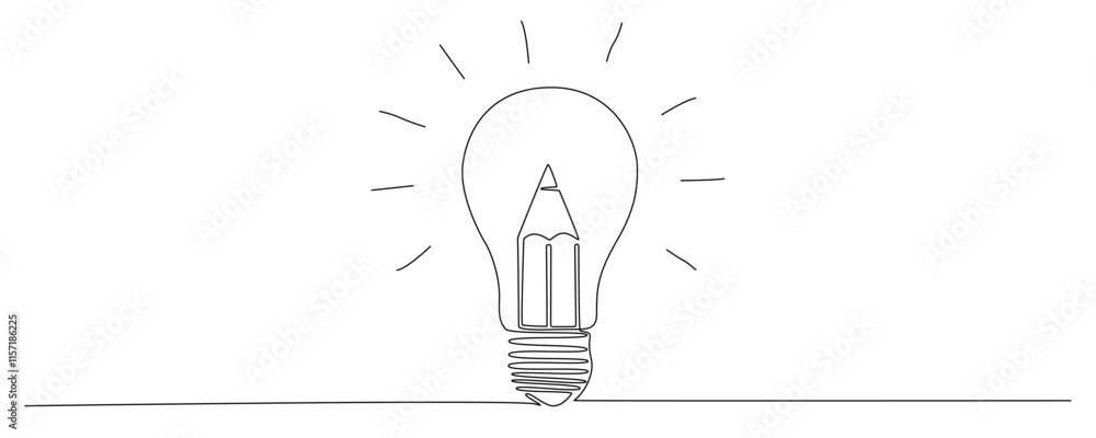 Light bulb and pencil in one continuous line drawing. Creative idea ...