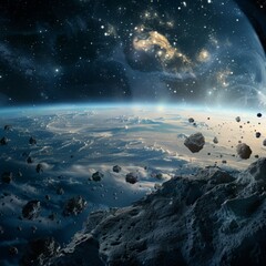 Wall Mural - atmosphere of planet earth with asteroids and stars.