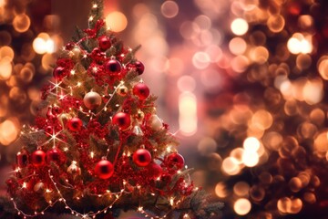Wall Mural - decorated christmas tree surrounded by twinkling bokeh lights and festive ornaments, creating a magi