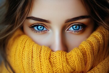 Wall Mural - Beautiful girl with striking blue eyes wrapped in a cozy yellow sweater during winter