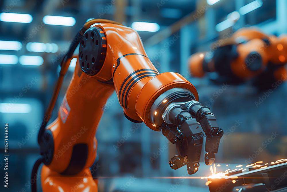 Industrial robotic arm performing precision welding in a futuristic ...