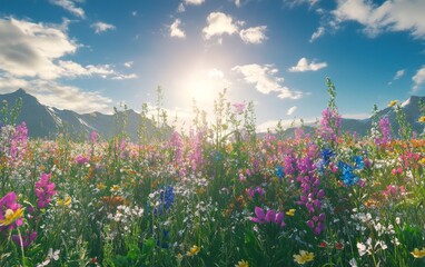 Poster - Vibrant wildflower meadow under bright sun with mountain backdrop near a serene landscape