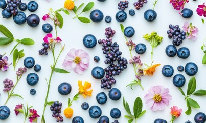 Wall Mural - A close up of a bunch of blueberries and flowers