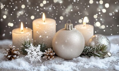 Wall Mural - A white ornament with a silver ball sits on a table with candles