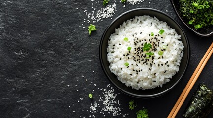 Sticker - Delicious white rice served in a bowl with chopsticks and fresh herbs on a dark background