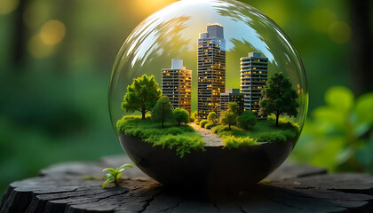 Wall Mural -  A miniature green city landscape inside a glass sphere, with skyscrapers, trees, and lush foliage, Sustainable energy pattern, Green sphere, created with generative ai