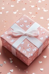 Wall Mural - Gift box adorned with hearts surrounded by sparkly confetti on a soft pink background