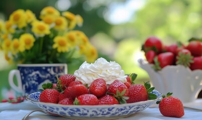 Wall Mural - A blue and white plate with strawberries and whipped cream