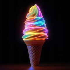 Neon rainbow soft serve ice cream cone.