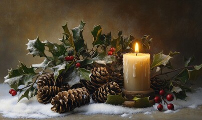 Wall Mural - A candle is lit on a table with pine cones and berries