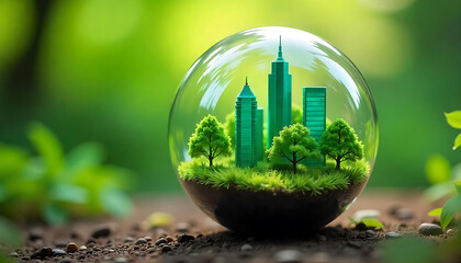 Wall Mural -  A miniature green city landscape inside a glass sphere, with skyscrapers, trees, and lush foliage, Sustainable energy pattern, Green sphere, created with generative ai
