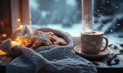 Poster - A mug of hot chocolate sits on a table next to a plate of cookies