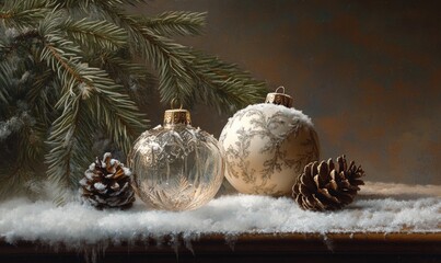 Poster - Two white and clear glass ornaments with a pine cone on a table