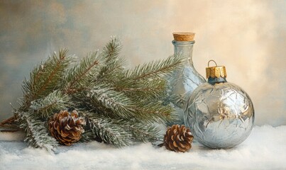 Poster - A silver ornament sits on a snowy surface next to pine needles