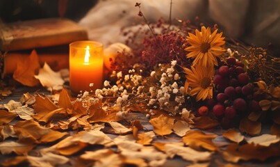 Wall Mural - A candle is lit on a table with leaves and flowers