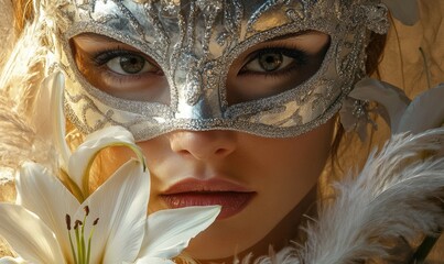 Wall Mural - A woman wearing a silver mask and a white flower