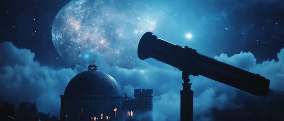 Wall Mural - Cinematic view of castle observatory featuring a telescope under a starry sky