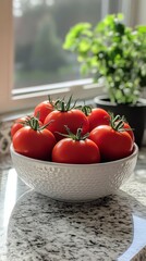 Wall Mural - Freshly picked tomatoes in a bowl by the window reflecting morning light