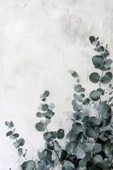 Wall Mural - Eucalyptus leaves arranged against a textured white background in a calming design