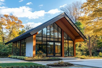 Poster - This image features a contemporary house with expansive glass walls surrounded by lush trees, showcasing a harmonious blend of architecture and nature.