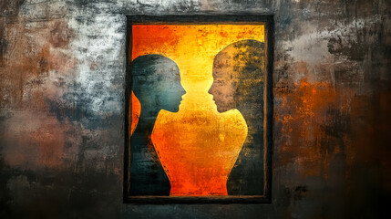 Two female silhouettes facing each other in a frame on grunge wall