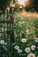 Wall Mural - daisies blooming in a vibrant wildflower meadow during golden hour