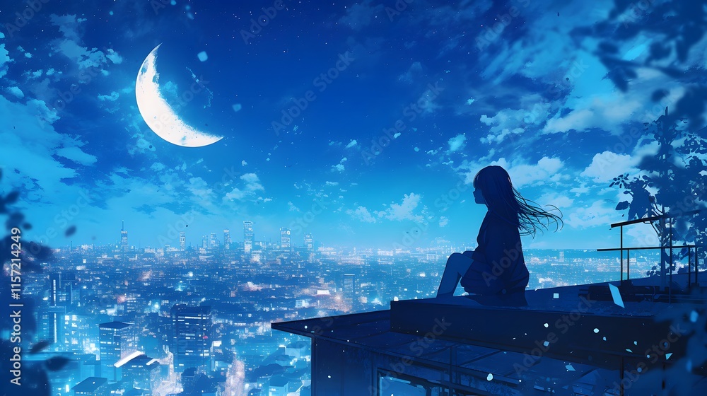Lonely anime girl sitting on a rooftop gazing at the night city and ...