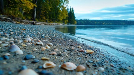 Wall Mural - Serene Lakeside Landscape with Rocky Shoreline and Reflective Water Surface Surrounded by Lush Green Foliage