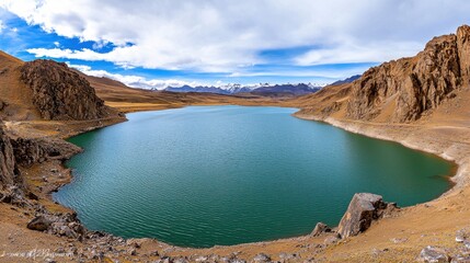 Canvas Print - Serene Turquoise Lake Surrounded by Majestic Rugged Mountains under Dramatic Cloudy Sky