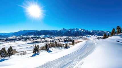 Wall Mural - Snowy Mountain Landscape in Winter Wonderland with Ski Slopes and Pristine Forests