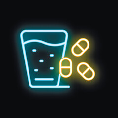 Poster - Neon medical icon depicting pills falling into a glass of water, representing the concept of taking medicine