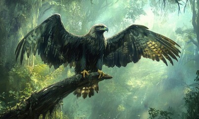 A large eagle is perched on a tree branch