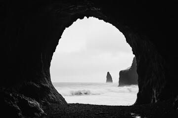 A dark cave opens up to reveal the turbulent ocean waves outside, framed in a beautiful black and white composition capturing nature’s raw energy.