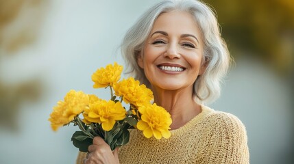 Woman with gray hair smiles while holding a bouquet of yellow flowers outdoors in a warm and cheerful setting during daylight