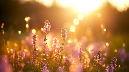 Wall Mural - sunset light illuminating wildflowers in a vibrant meadow showcasing summer's beauty