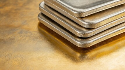 Wall Mural - Close-Up of Stacked Metallic Bars on a Reflective Gold Surface