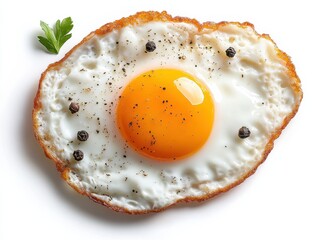 Crispy fried egg with vibrant yolk garnished with black pepper and parsley on a clean white background during a bright kitchen setting